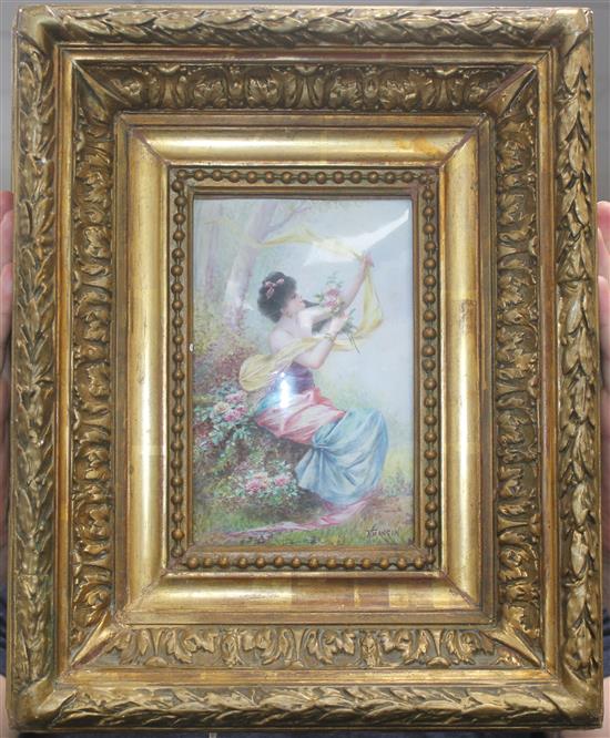 F. Mangin. A French enamel on copper plaque of a lady, late 19th century, 18.5 x 11.5cm, gilt frame